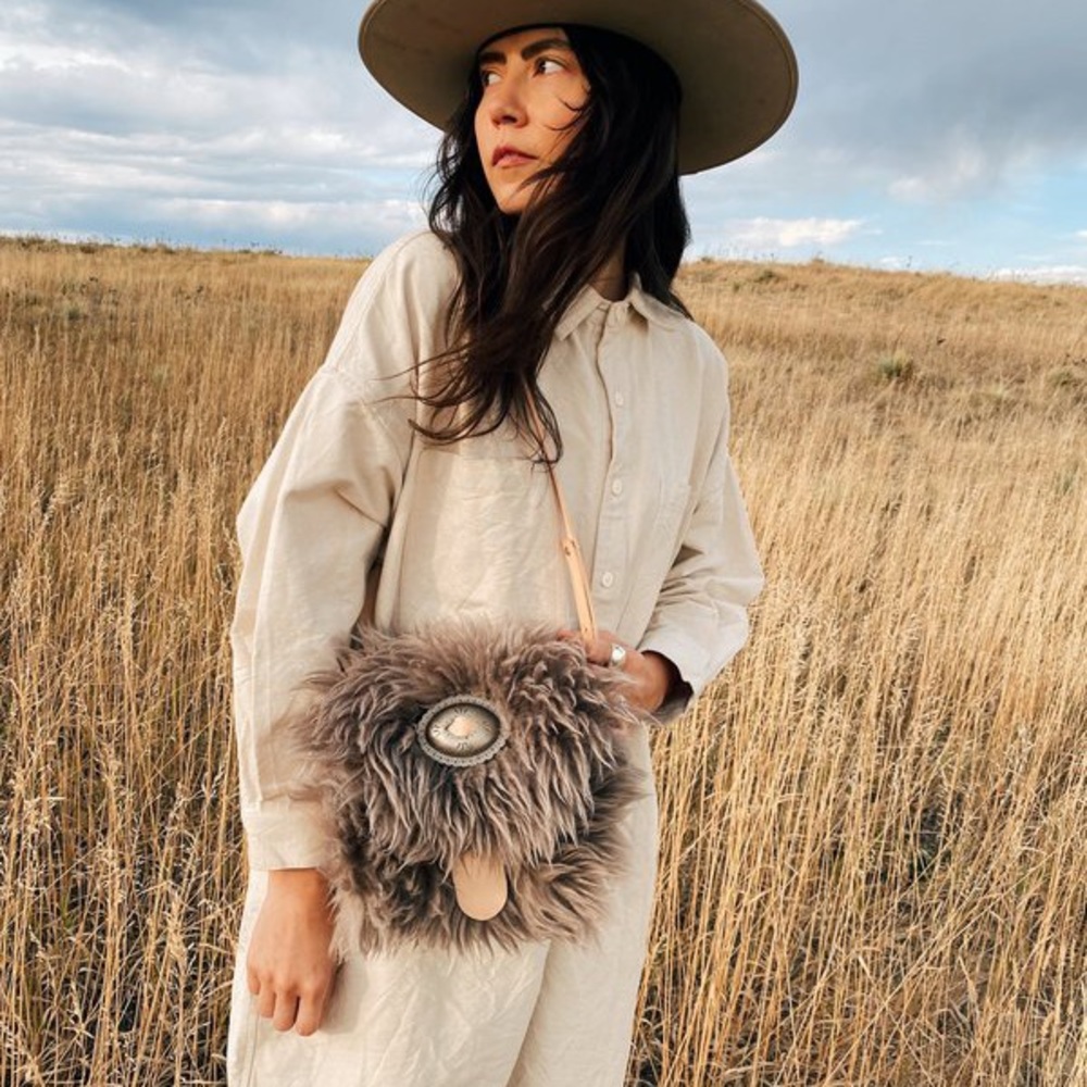 IDA+MOON handmade shearling outlaw shoulder mini bag in chocolate brown